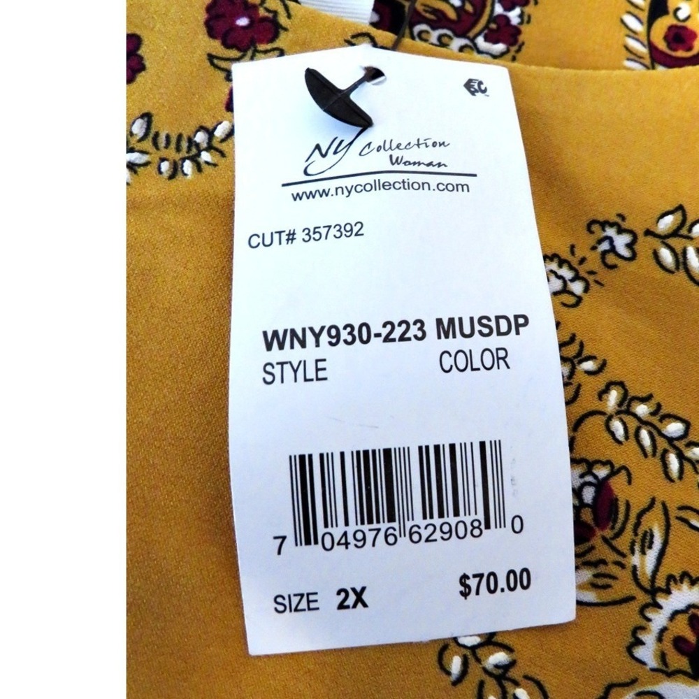 NY Collection Paisley Print Dress 2X Mustard Yellow Stretch Shift 3/4 Sleeves - Picture 6 of 9